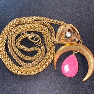 NICOLE ROMANO NECKLACE PINK STONE CRESCENT Moon Vintage gold Tone Mesh Chain
